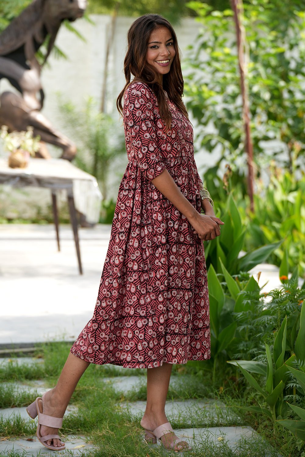 Smoky Peach Handblock Printed Cotton Dress - SootiSyahi