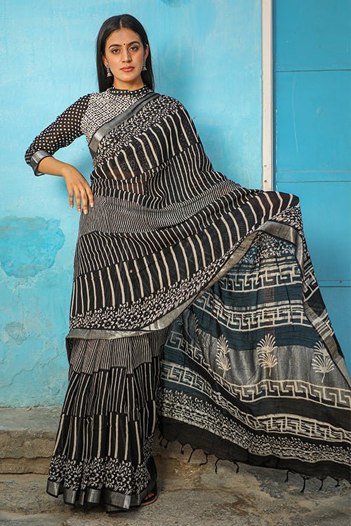 "SOLACE" CHUNA PATRI HANDBLOCK PRINT SLUB COTTON SAREE - SootiSyahi