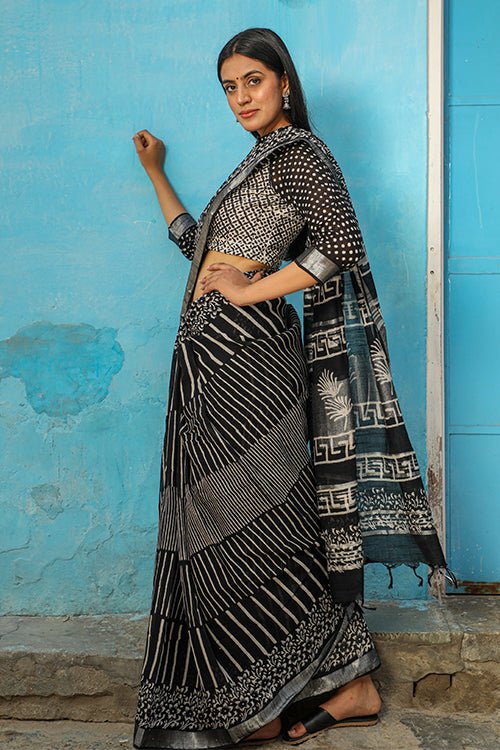"SOLACE" CHUNA PATRI HANDBLOCK PRINT SLUB COTTON SAREE - SootiSyahi