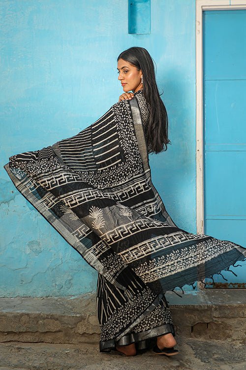 "SOLACE" CHUNA PATRI HANDBLOCK PRINT SLUB COTTON SAREE - SootiSyahi