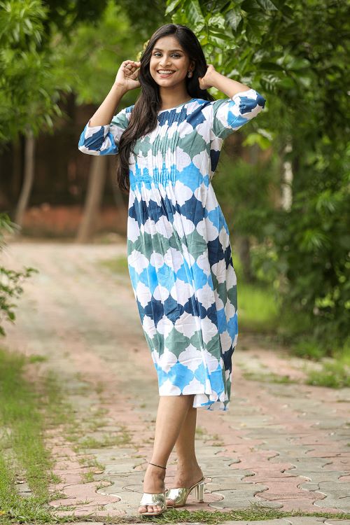 SootiSyahi 'A Cotton Azure' Block Printed Dress - SootiSyahi