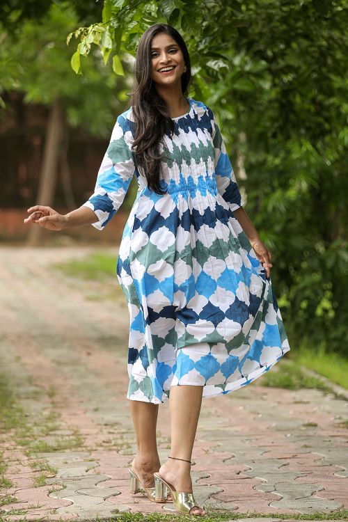 SootiSyahi 'A Cotton Azure' Block Printed Dress - SootiSyahi