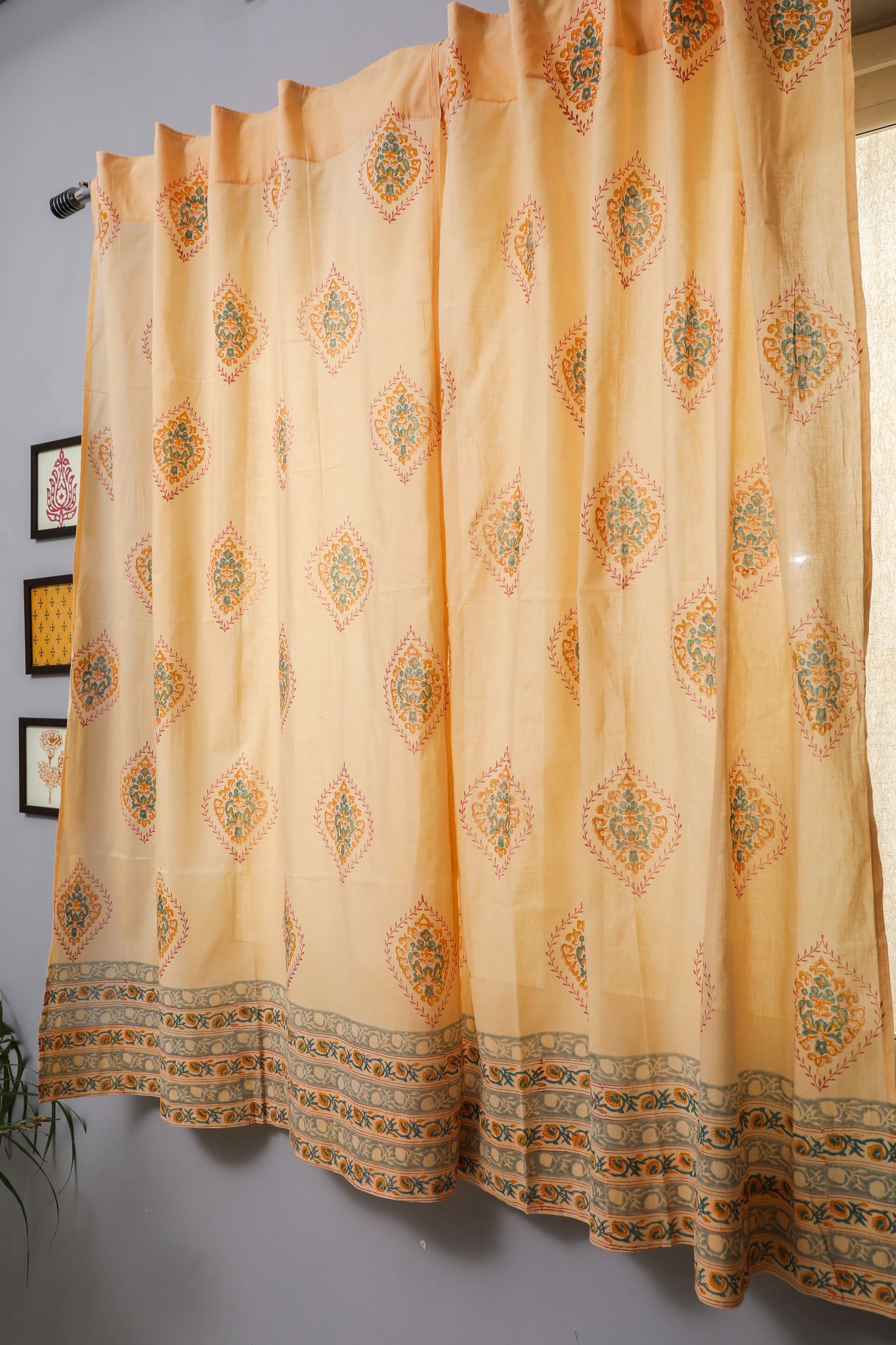 SootiSyahi 'Baileya Red' Handblock Printed Cotton Window Curtain - SootiSyahi