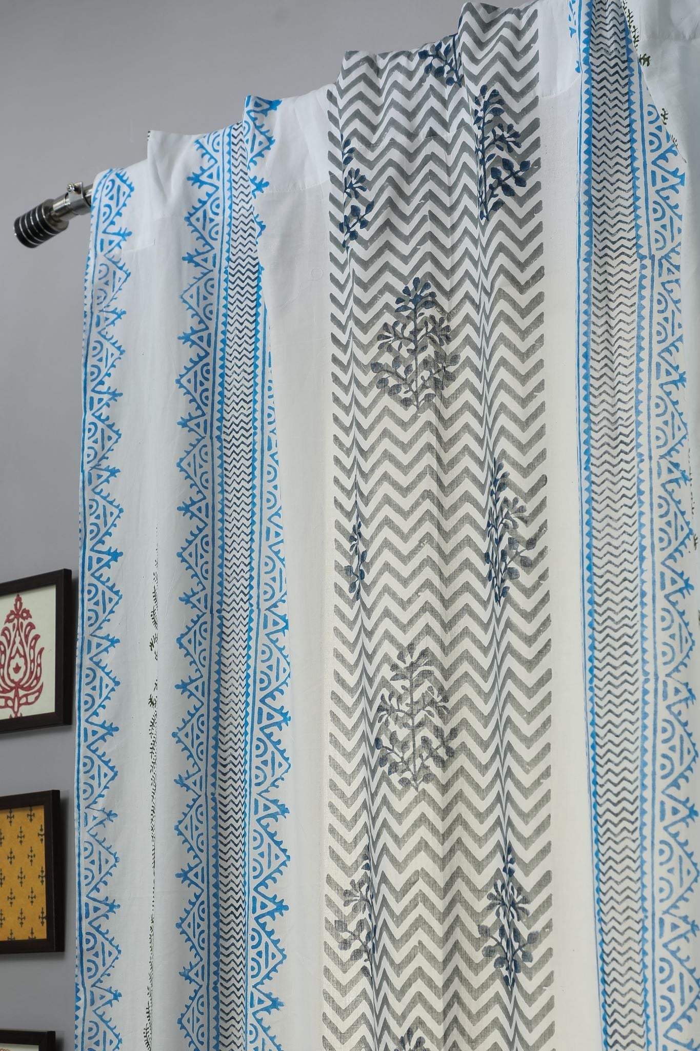 SootiSyahi 'Bering Blue' Handblock Printed Cotton Door Curtain - SootiSyahi