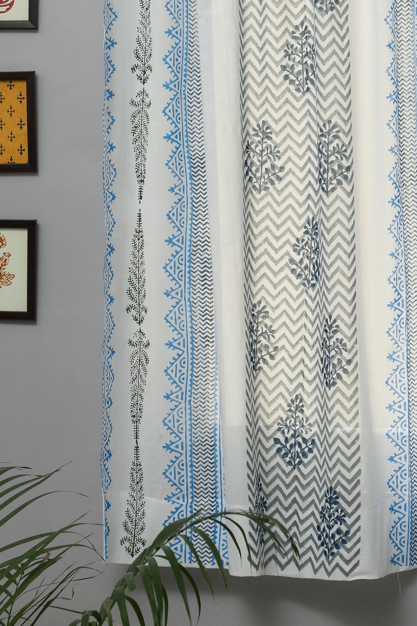 SootiSyahi 'Bering Blue' Handblock Printed Cotton Window Curtain - SootiSyahi