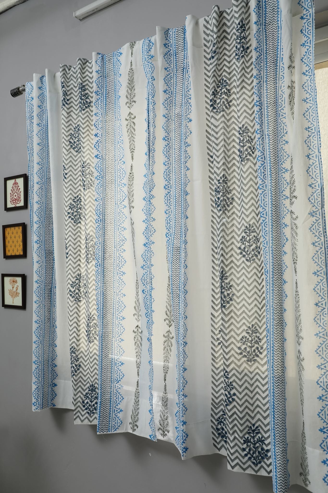 SootiSyahi 'Bering Blue' Handblock Printed Cotton Window Curtain - SootiSyahi