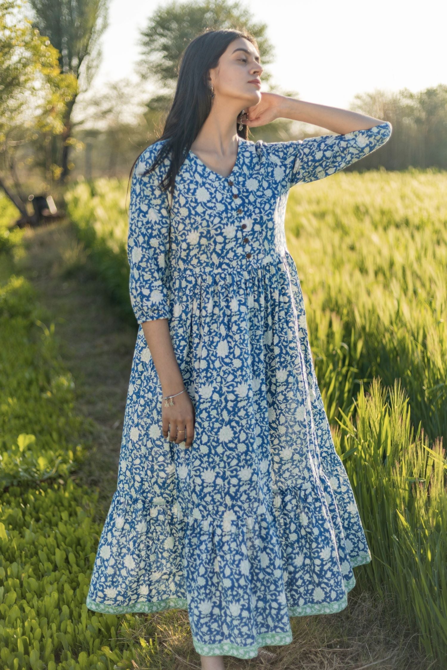 Sootisyahi 'Bloom Mist' Azofree Handblock Printed Pure Cotton Dress - SootiSyahi