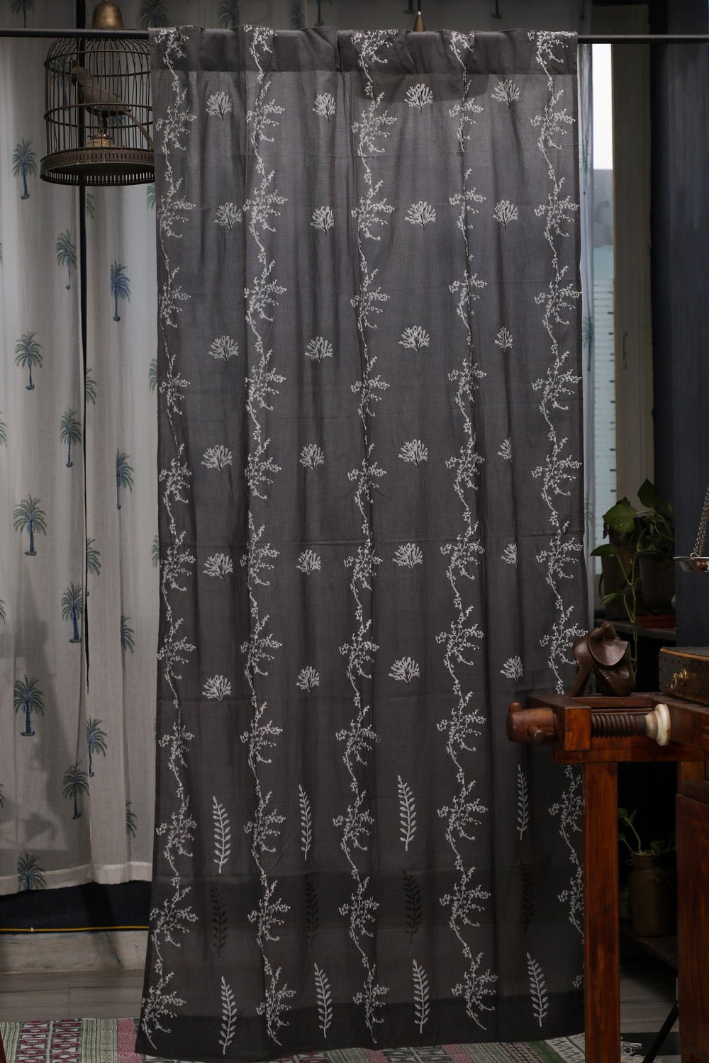 SootiSyahi 'Blooming in Night' Handblock Printed Cotton Door Curatin - SootiSyahi