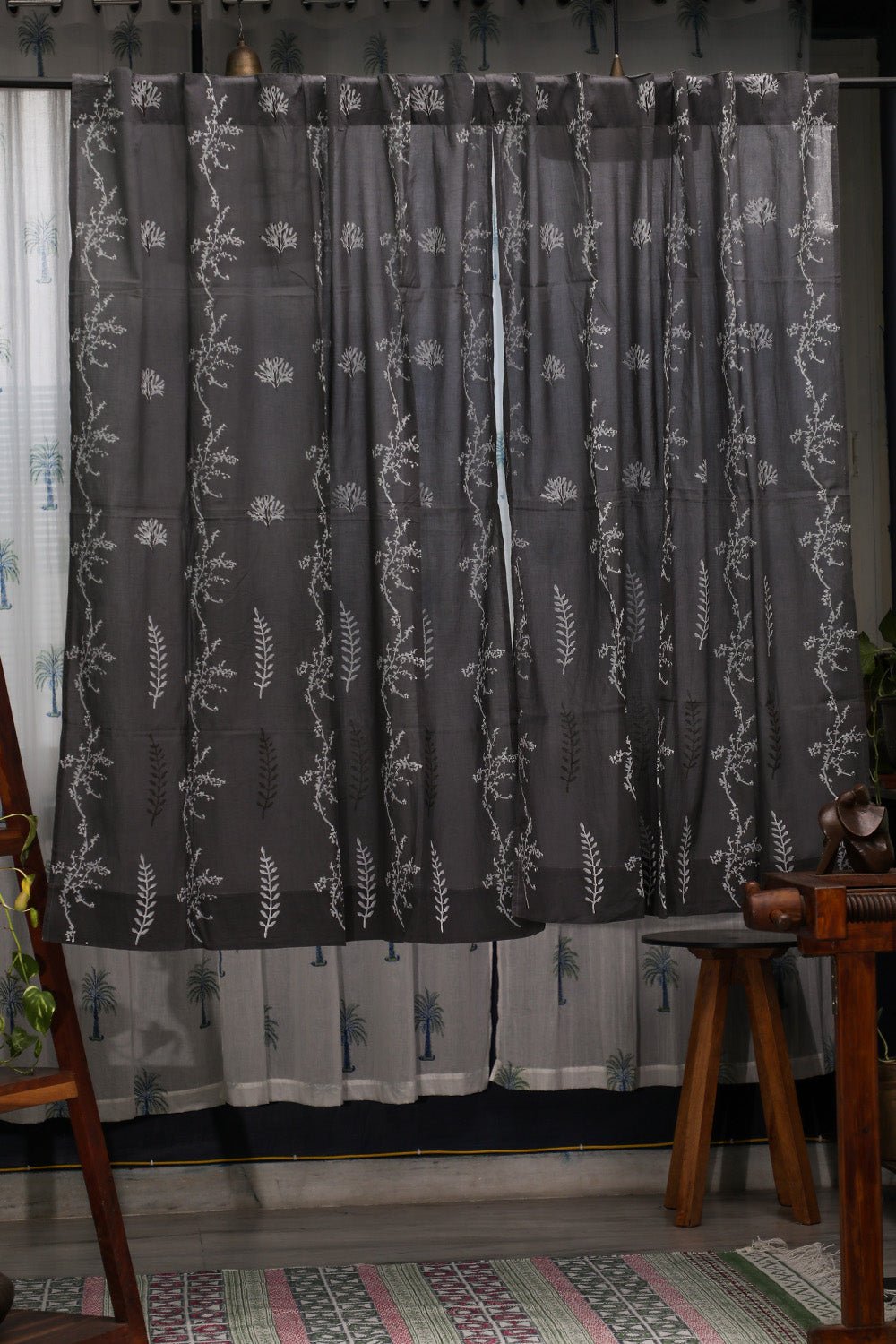 SootiSyahi 'Blooming in Night' Handblock Printed Cotton Window Curatin - SootiSyahi