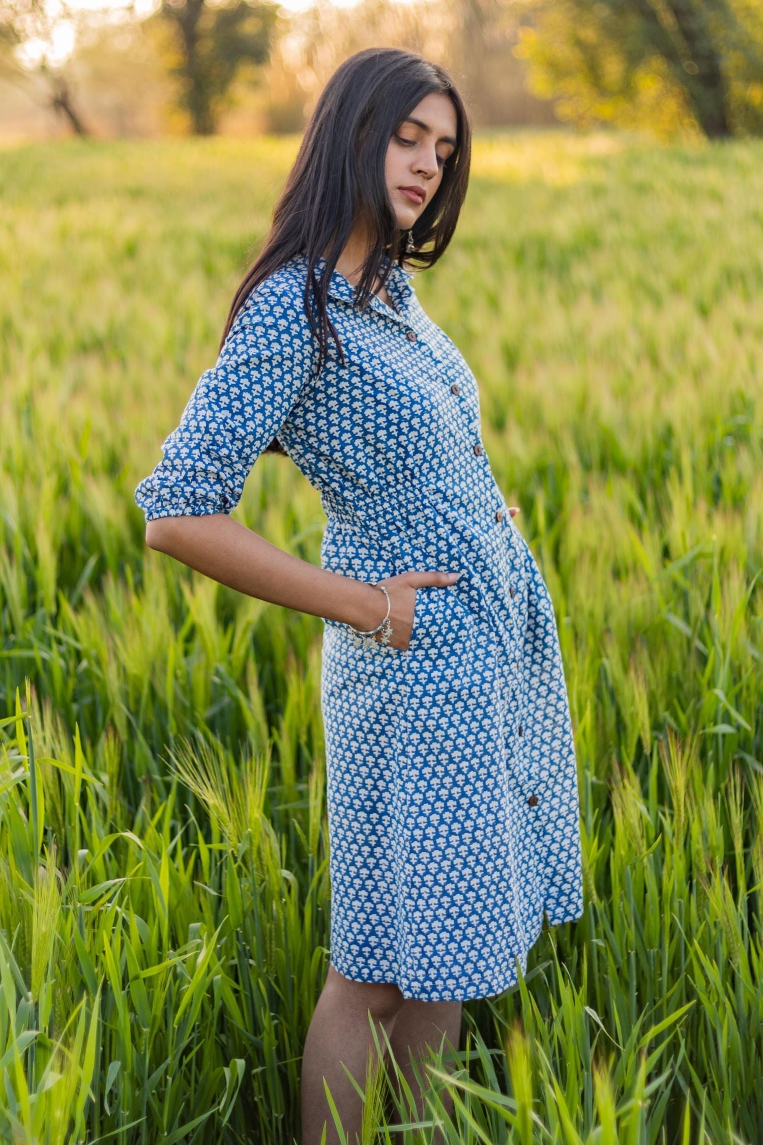 Sootisyahi 'Blue Bell' Azofree Handblock Printed Pure Cotton Dress - SootiSyahi
