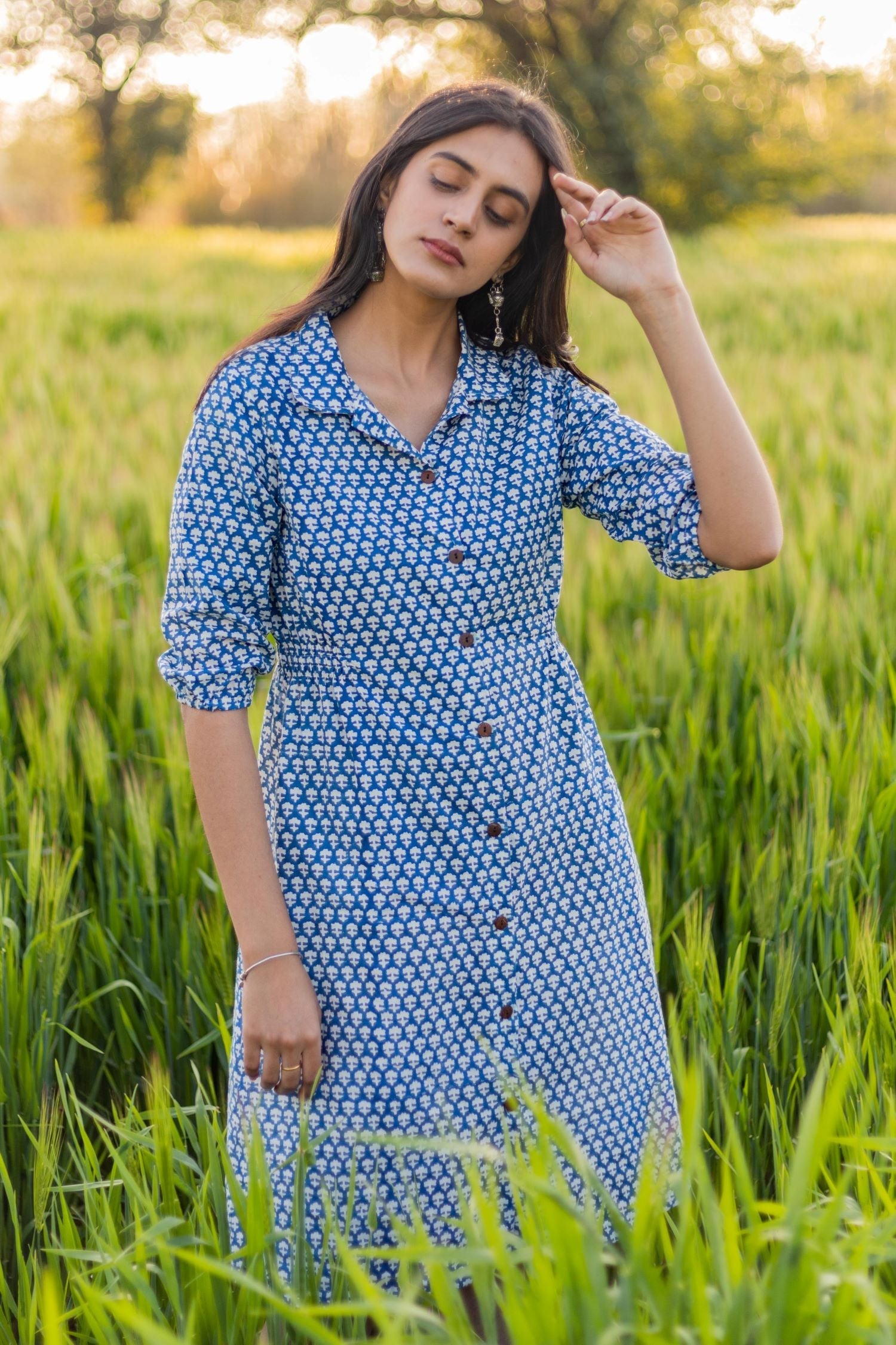 Sootisyahi 'Blue Bell' Azofree Handblock Printed Pure Cotton Dress - SootiSyahi