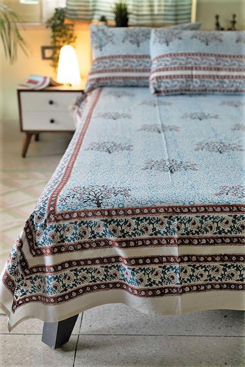 Sootisyahi 'Blue Bloom' Handblock Printed Cotton Bedsheet - SootiSyahi