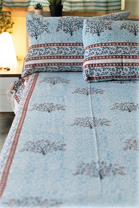Sootisyahi 'Blue Bloom' Handblock Printed Cotton Bedsheet - SootiSyahi