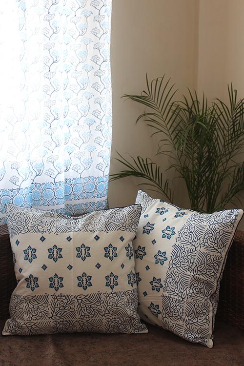 SootiSyahi 'Coral Blue' Handblock Printed Cotton Window Curtain