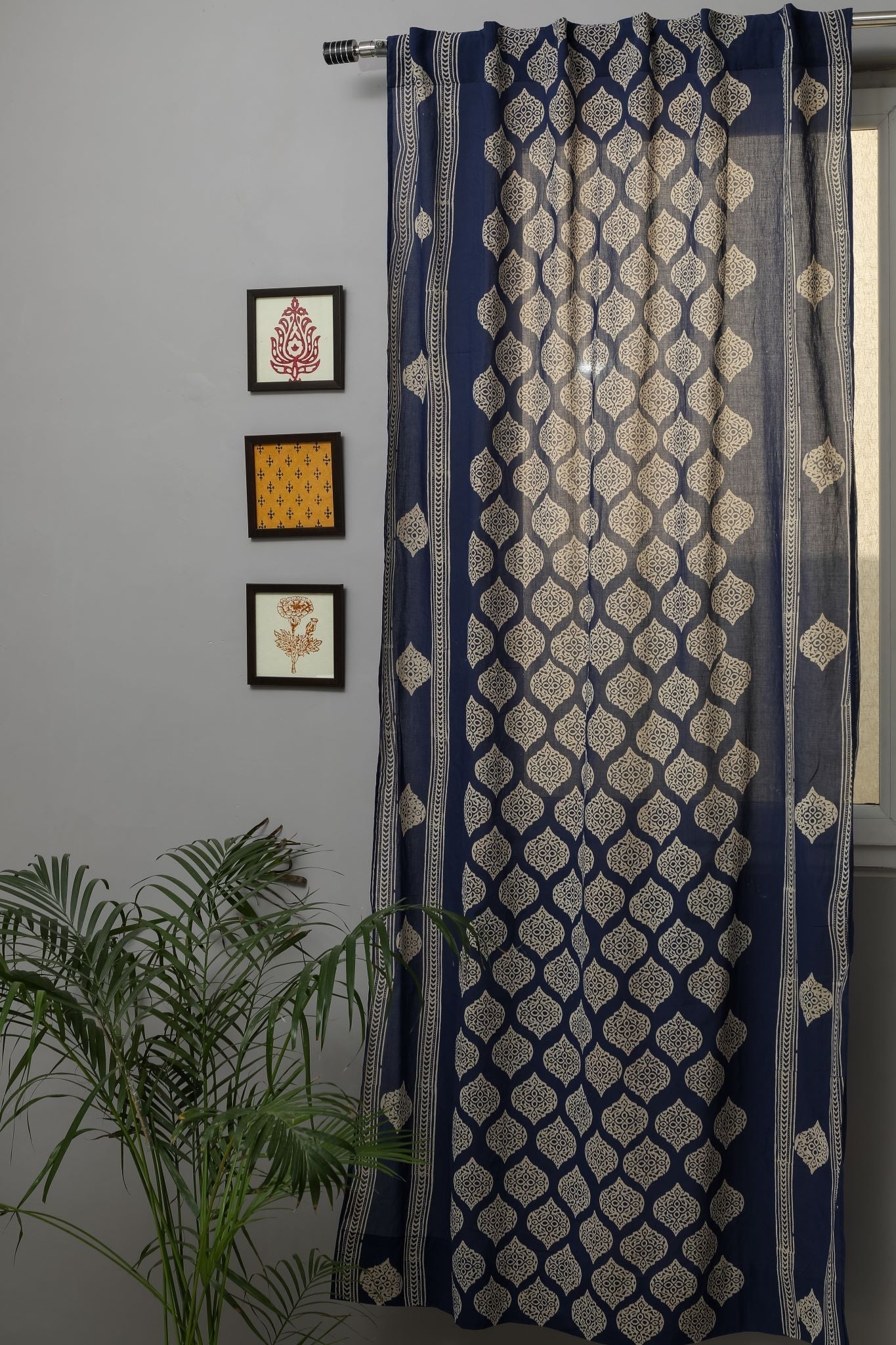 SootiSyahi 'Bluestars' Handblock Printed Cotton Door Curtain - SootiSyahi