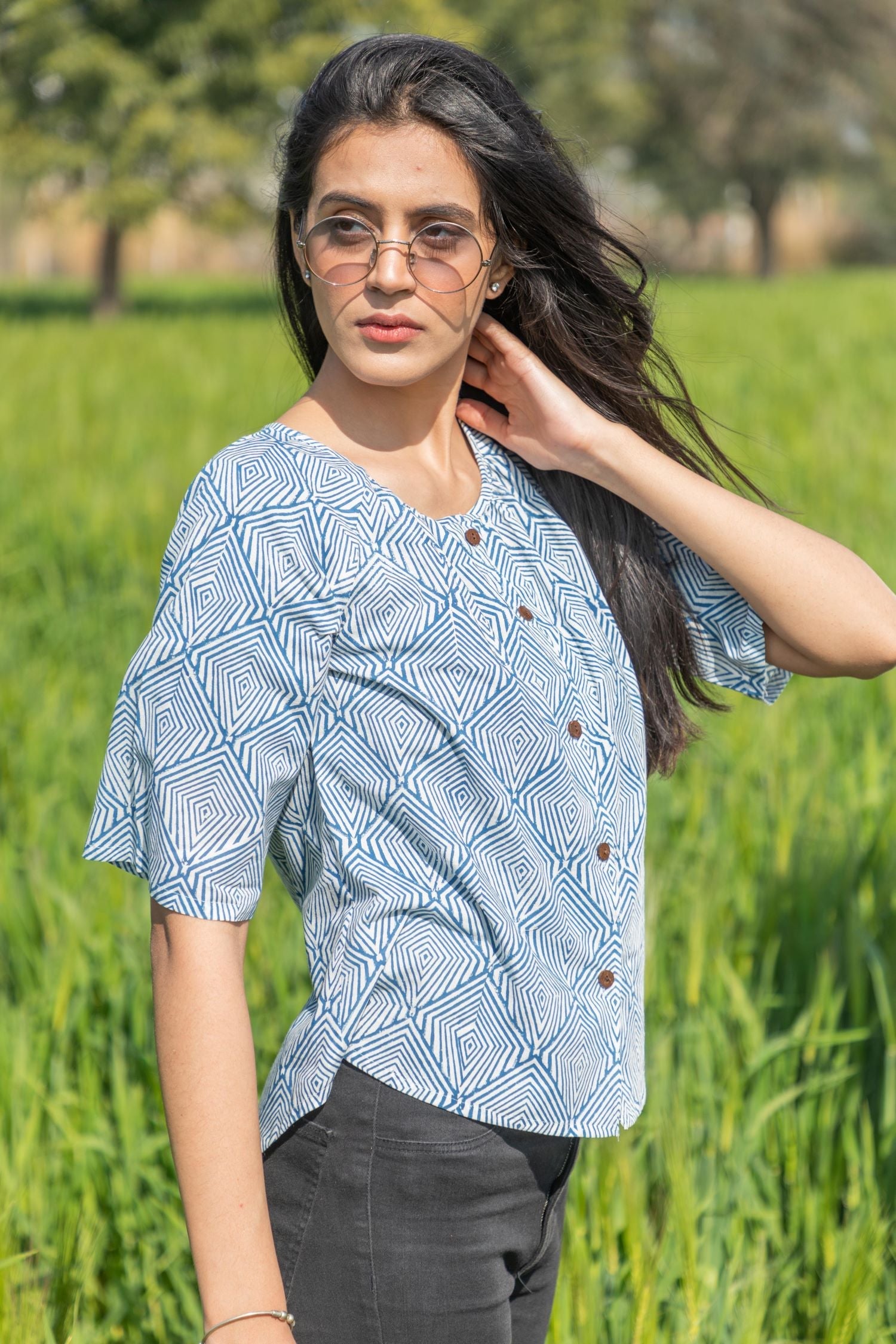 Sootisyahi 'Breezy Mint' Azofree Handblock Printed Pure Cotton Crop Top - SootiSyahi