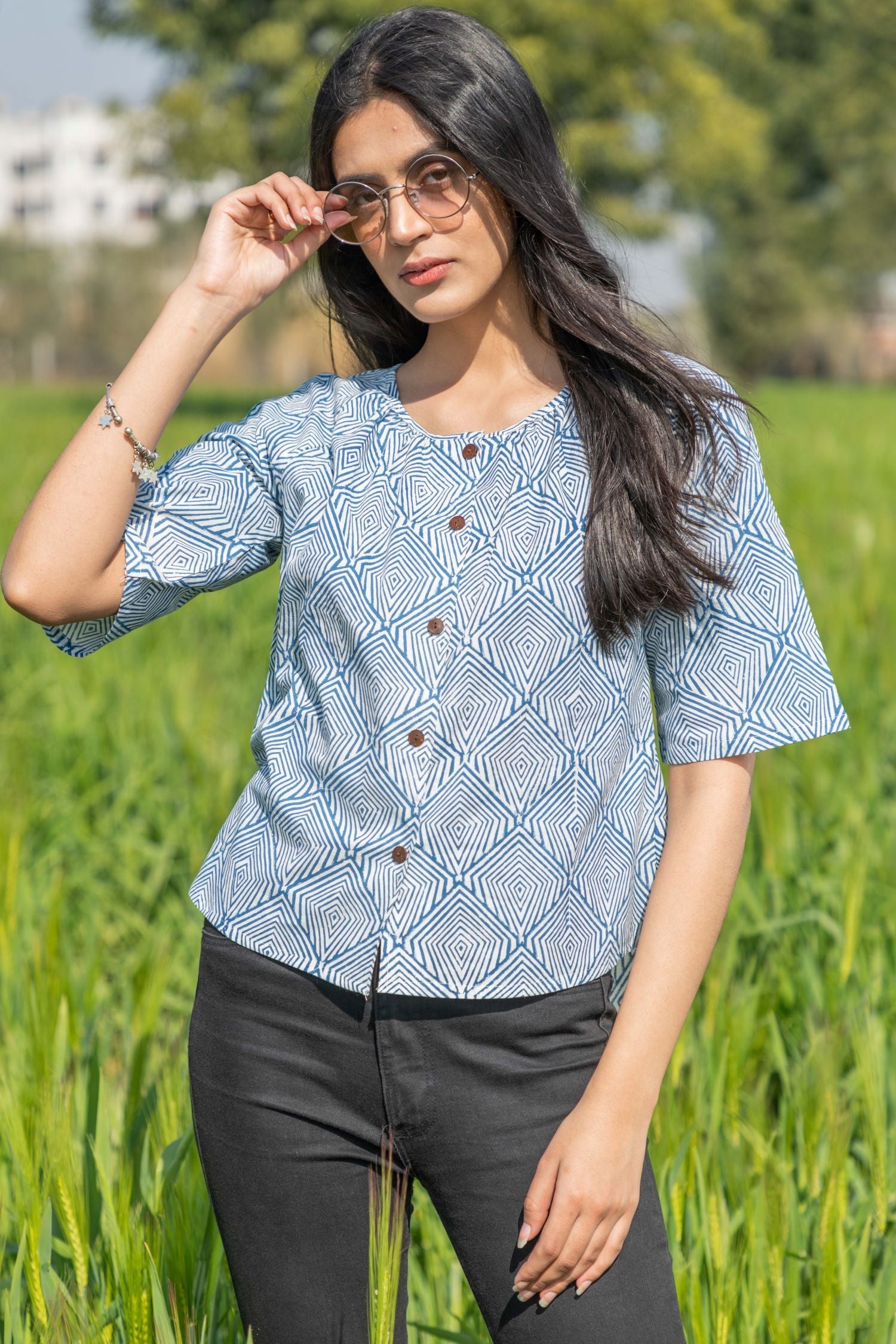 Sootisyahi 'Breezy Mint' Azofree Handblock Printed Pure Cotton Crop Top - SootiSyahi