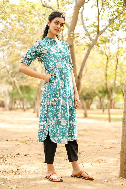 Sootisyahi 'Buds and Bushes' Azofree Handblock Printed Pure Cotton Kurti - SootiSyahi