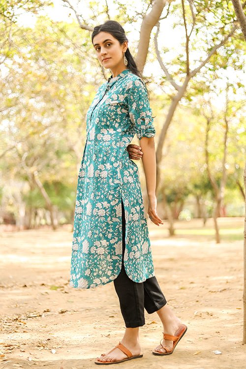 Sootisyahi 'Buds and Bushes' Azofree Handblock Printed Pure Cotton Kurti - SootiSyahi