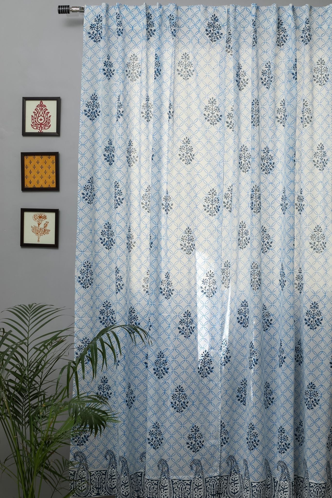 SootiSyahi 'Cabbean Blue' Handblock Printed Cotton Door Curtain - SootiSyahi