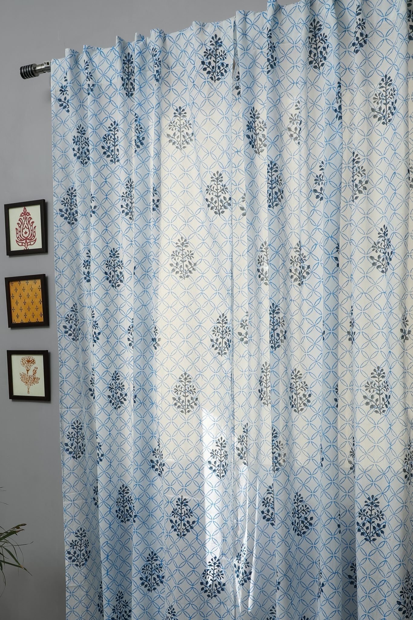SootiSyahi 'Cabbean Blue' Handblock Printed Cotton Door Curtain - SootiSyahi