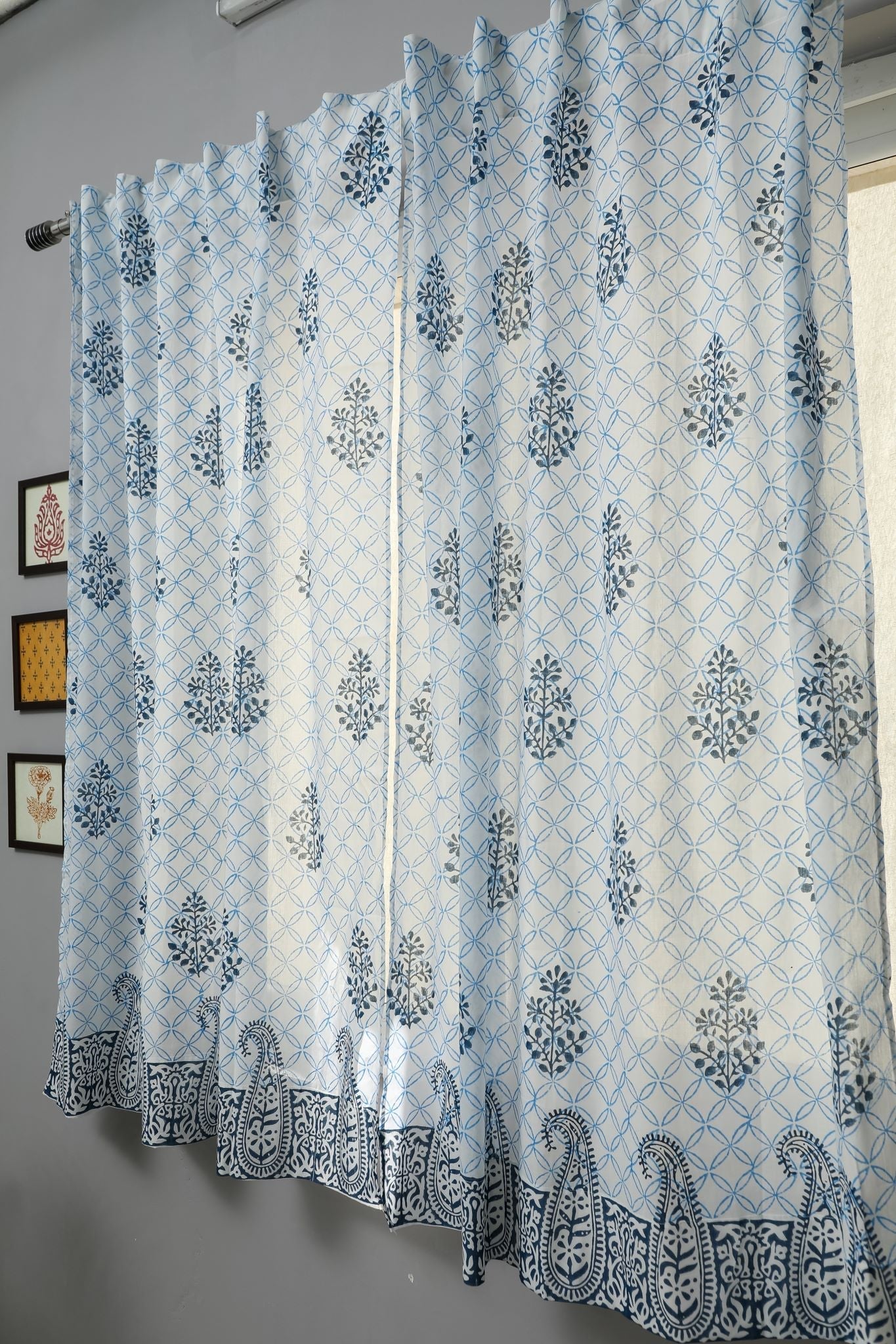 SootiSyahi 'Cabbean Blue' Handblock Printed Cotton Window Curtain - SootiSyahi