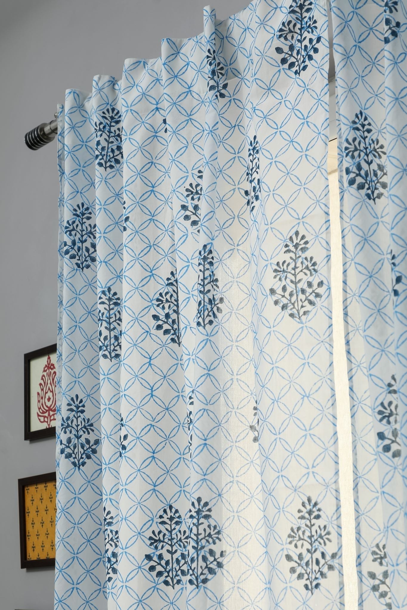 SootiSyahi 'Cabbean Blue' Handblock Printed Cotton Window Curtain - SootiSyahi