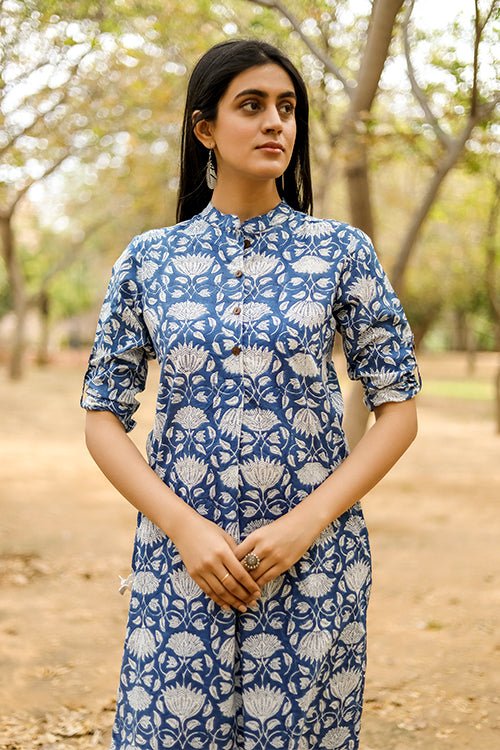 Sootisyahi 'Charm of the Sea' Azofree Handblock Printed Pure Cotton Kurti - SootiSyahi