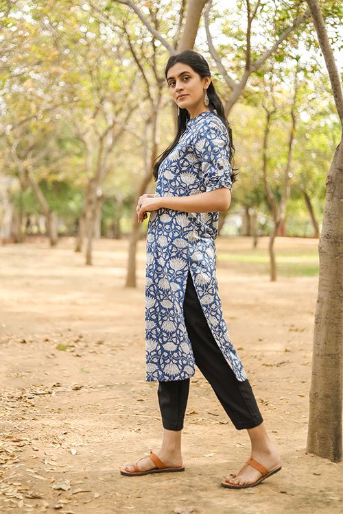 Sootisyahi 'Charm of the Sea' Azofree Handblock Printed Pure Cotton Kurti - SootiSyahi