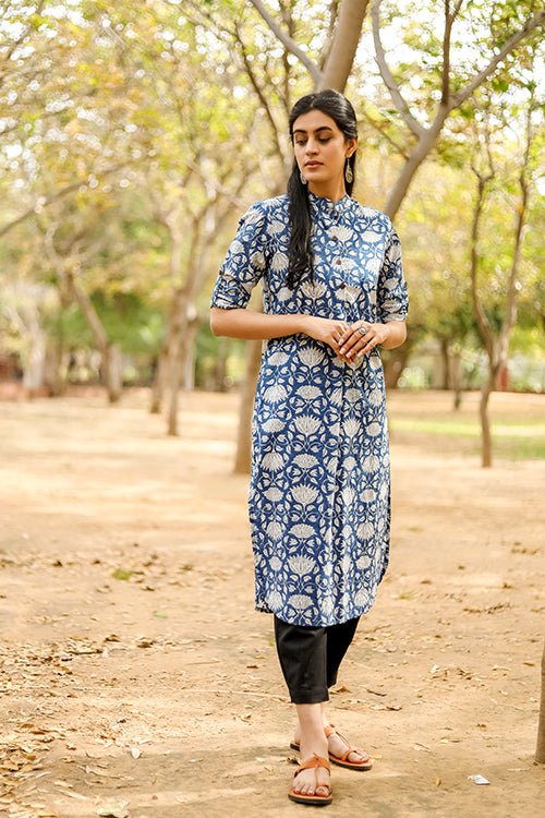 Sootisyahi 'Charm of the Sea' Azofree Handblock Printed Pure Cotton Kurti - SootiSyahi