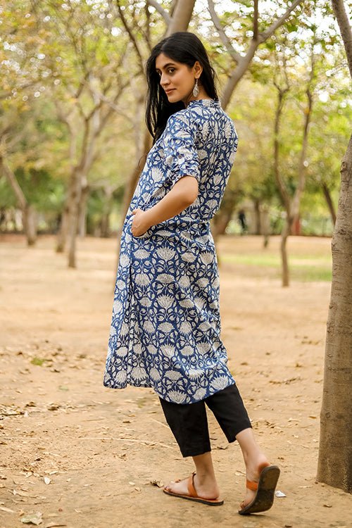 Sootisyahi 'Charm of the Sea' Azofree Handblock Printed Pure Cotton Kurti - SootiSyahi