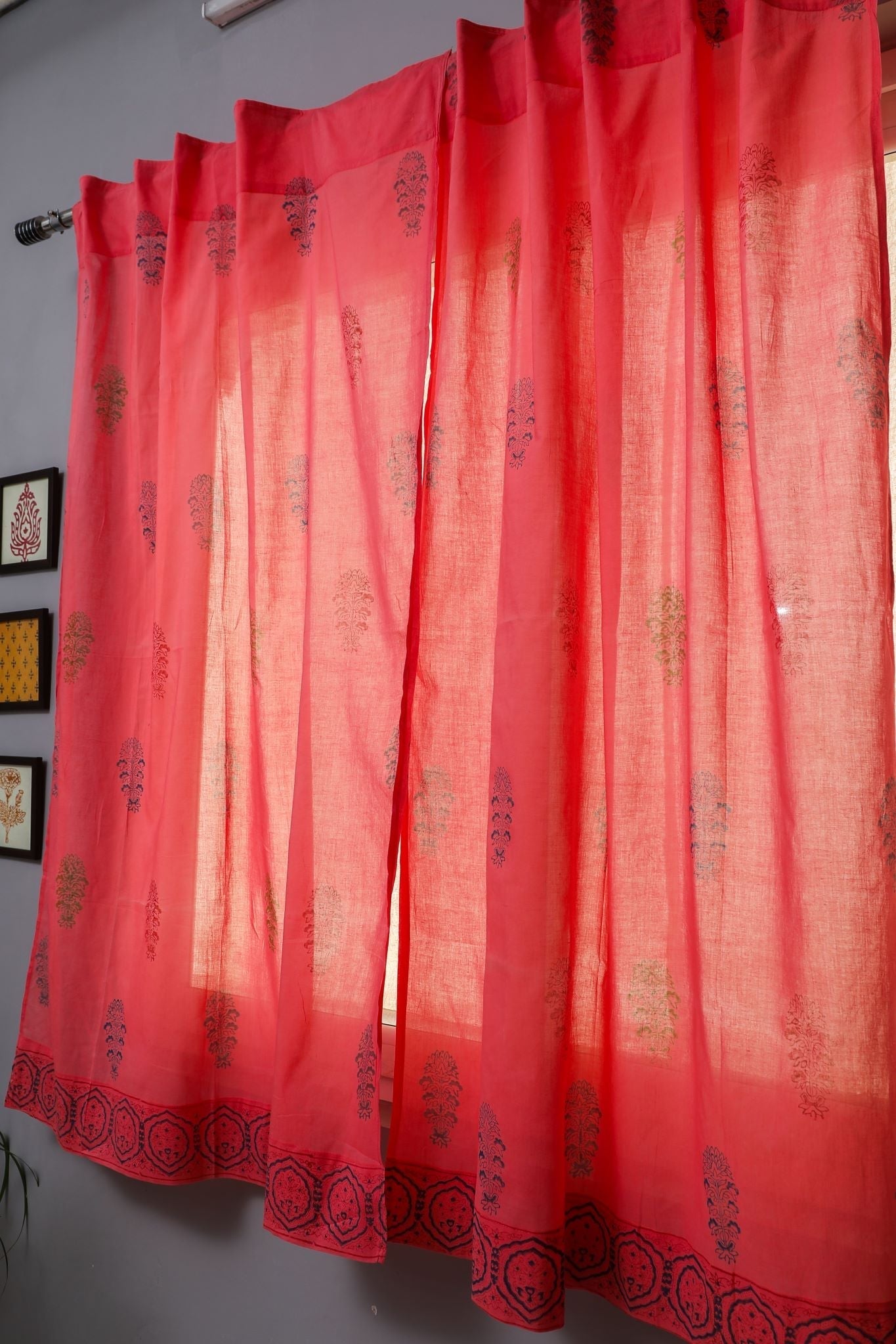 SootiSyahi 'Climbing Orangee' Handblock Printed Cotton Window Curtain - SootiSyahi