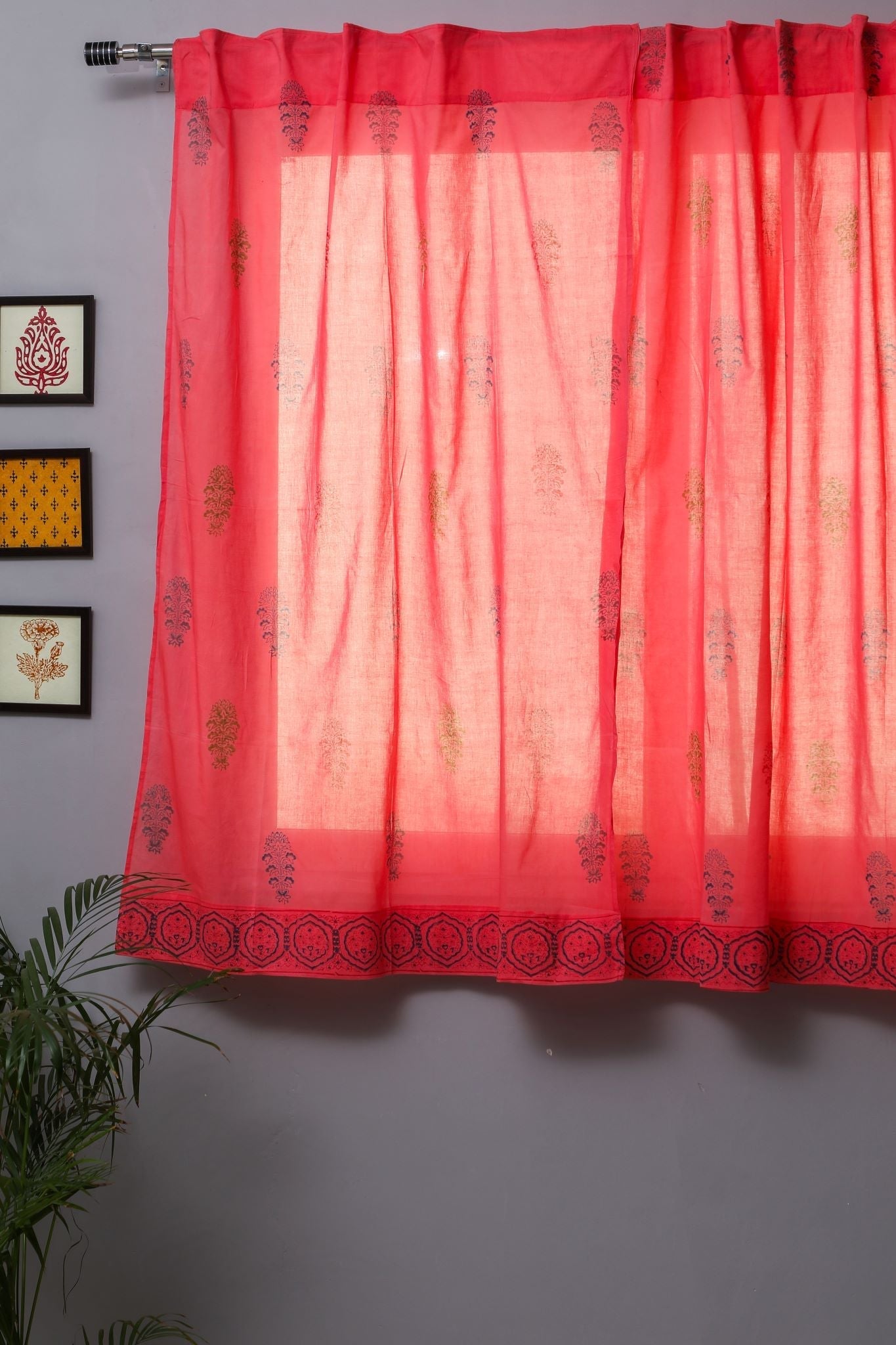 SootiSyahi 'Climbing Orangee' Handblock Printed Cotton Window Curtain - SootiSyahi