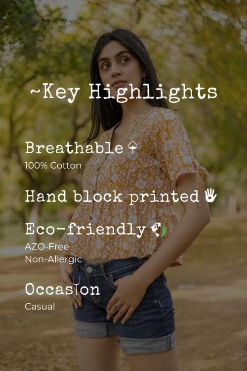 Sootisyahi 'Delighting Daffodils' Azofree Handblock Printed Pure Cotton Crop Top - SootiSyahi