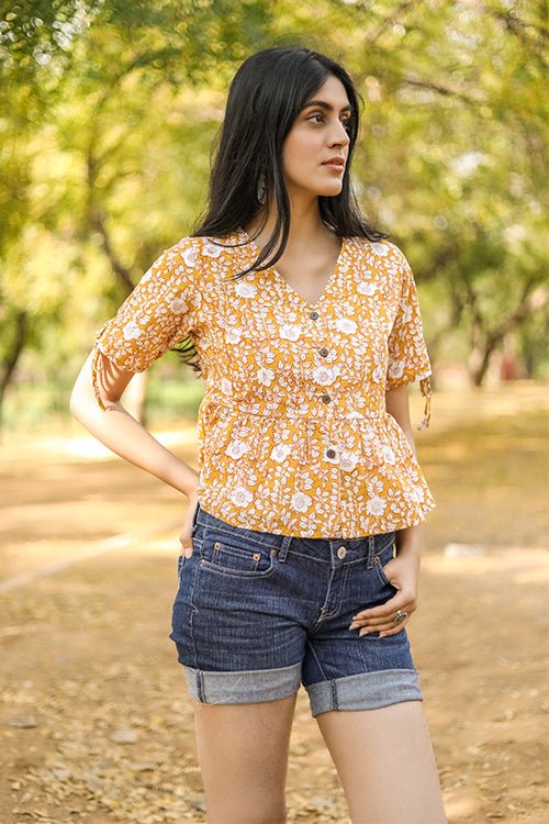 Sootisyahi 'Delighting Daffodils' Azofree Handblock Printed Pure Cotton Crop Top - SootiSyahi