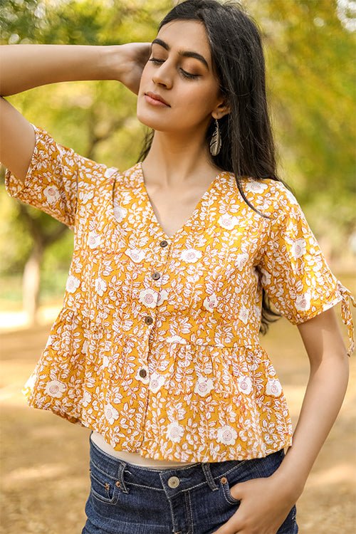 Sootisyahi 'Delighting Daffodils' Azofree Handblock Printed Pure Cotton Crop Top - SootiSyahi