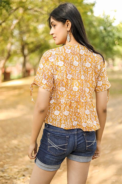Sootisyahi 'Delighting Daffodils' Azofree Handblock Printed Pure Cotton Crop Top - SootiSyahi