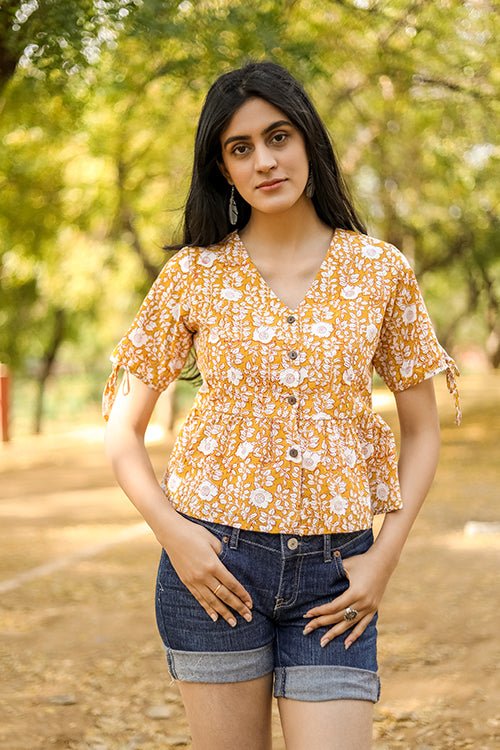 Sootisyahi 'Delighting Daffodils' Azofree Handblock Printed Pure Cotton Crop Top - SootiSyahi
