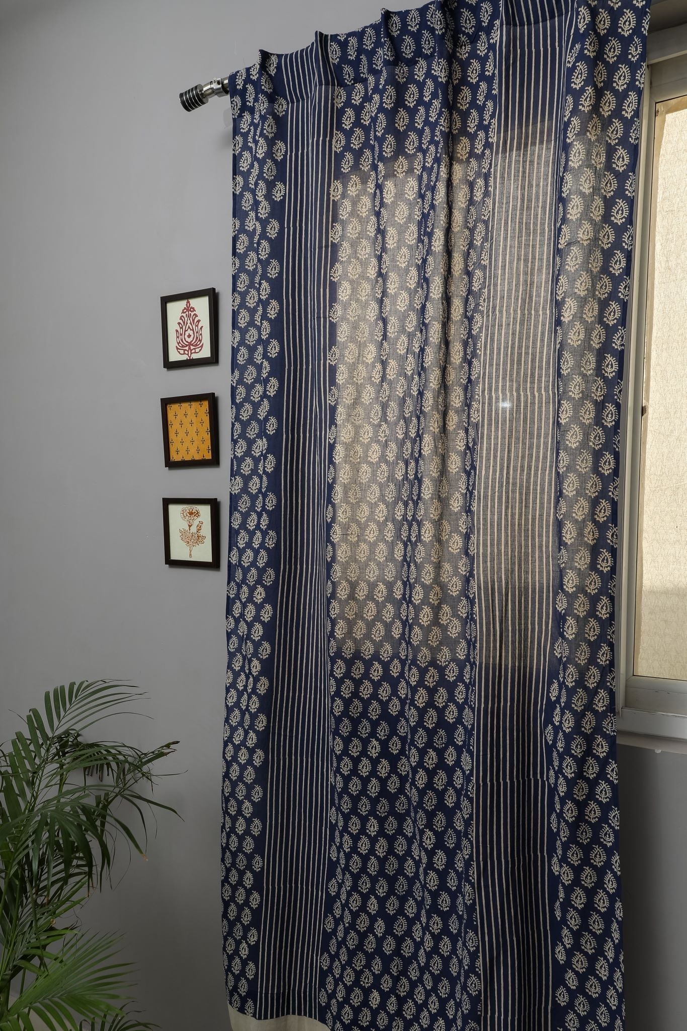 SootiSyahi 'Delphinium' Handblock Printed Cotton Door Curtain - SootiSyahi
