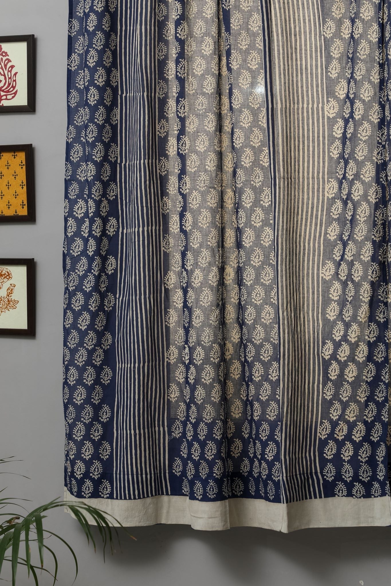 SootiSyahi 'Delphinium' Handblock Printed Cotton Window Curtain - SootiSyahi