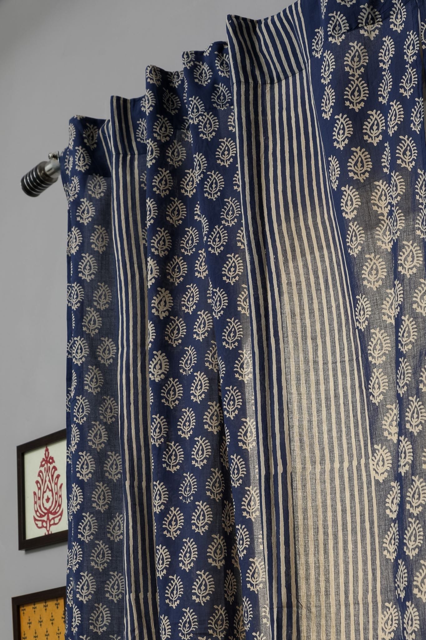 SootiSyahi 'Delphinium' Handblock Printed Cotton Window Curtain - SootiSyahi