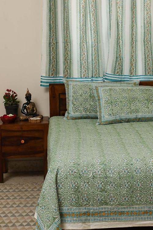 Sootisyahi 'Dream Green' Handblock Printed Cotton Bedsheet - SootiSyahi