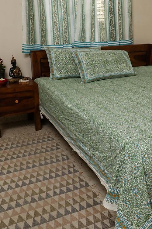 Sootisyahi 'Dream Green' Handblock Printed Cotton Bedsheet - SootiSyahi