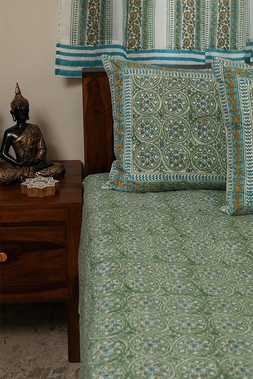 Sootisyahi 'Dream Green' Handblock Printed Cotton Bedsheet - SootiSyahi
