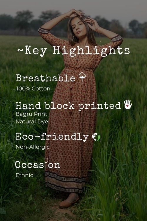 Sootisyahi 'Earthen Bliss' Bagru Handblock Printed Pure Cotton Dress - SootiSyahi