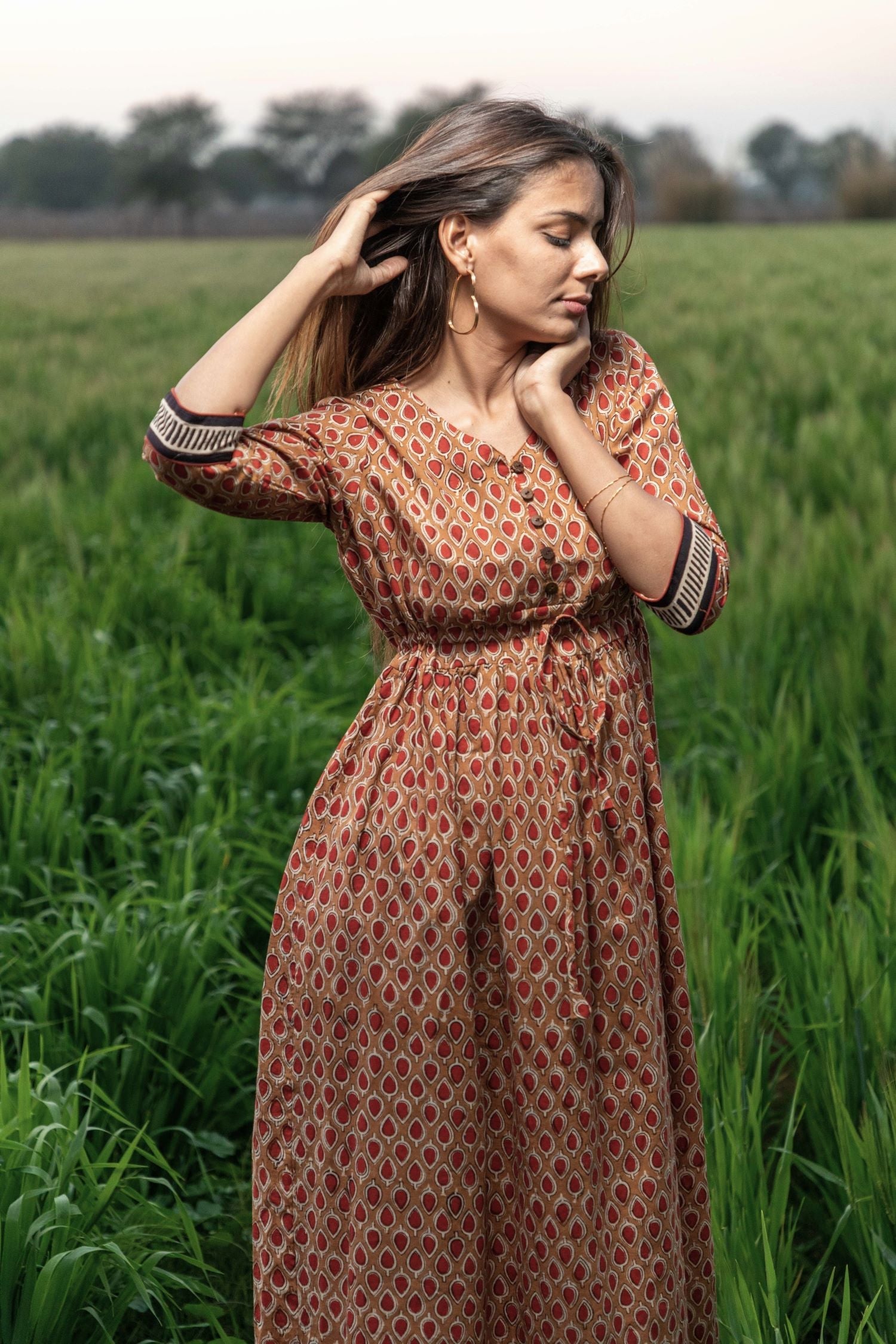 Sootisyahi 'Earthen Bliss' Bagru Handblock Printed Pure Cotton Dress - SootiSyahi