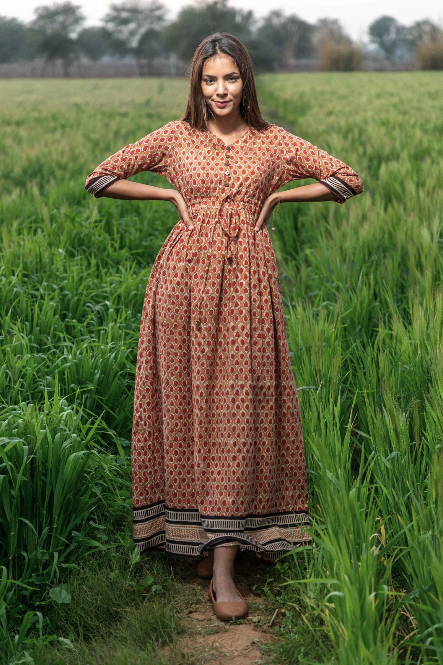 Sootisyahi 'Earthen Bliss' Bagru Handblock Printed Pure Cotton Dress - SootiSyahi