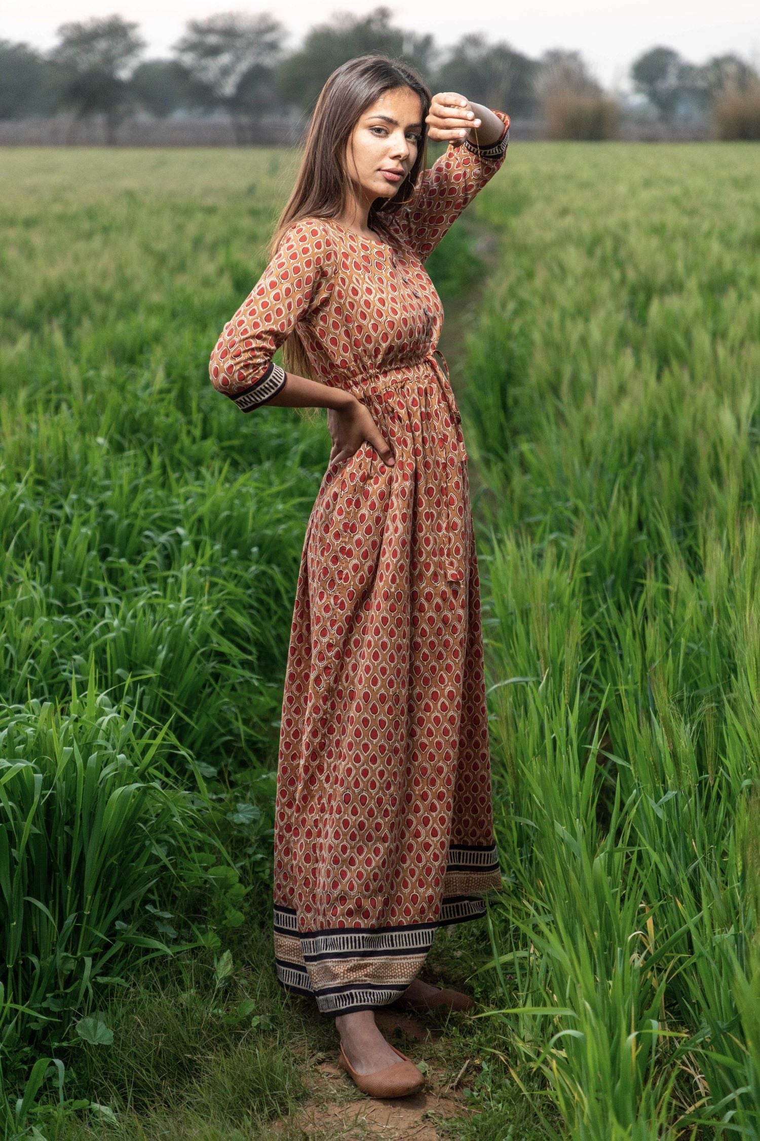 Sootisyahi 'Earthen Bliss' Bagru Handblock Printed Pure Cotton Dress - SootiSyahi