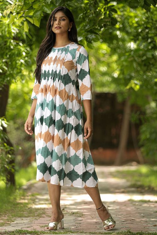 SootiSyahi 'Earthy Fall' Block Printed Cotton Dress - SootiSyahi