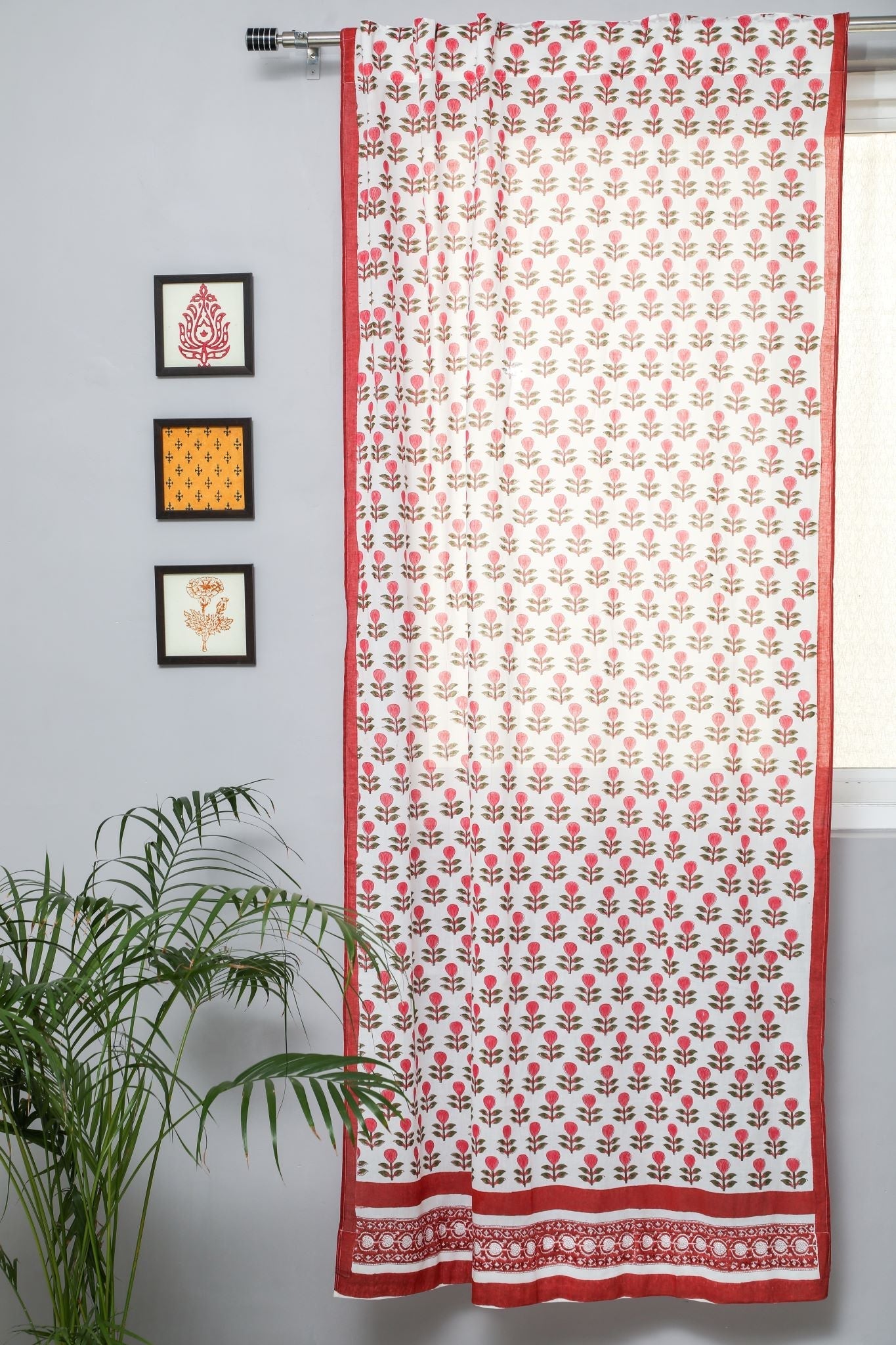 SootiSyahi 'Evergreen cherry' Handblock Printed Cotton Door Curtain - SootiSyahi